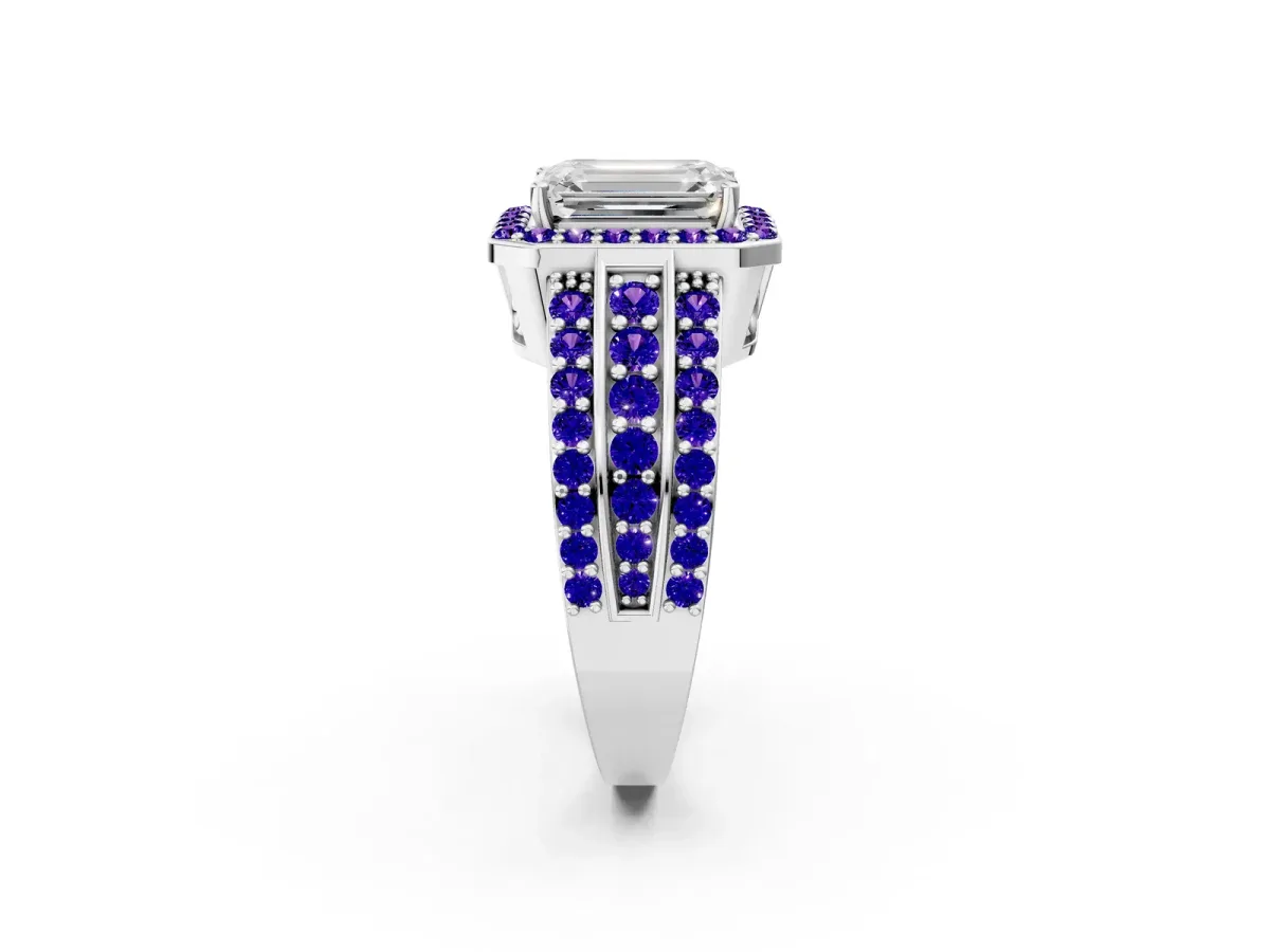 Emerald Cut Halo Diamond Ring with Round Tanzanite Split Shank and Prong Setting Platinum