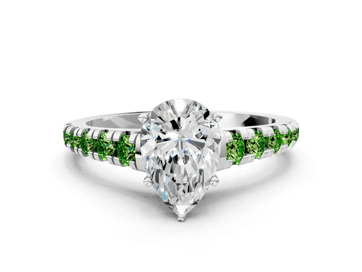 Pear Cut Diamond Cathedral Solitaire Ring with Round Peridot Pavé Band Platinum