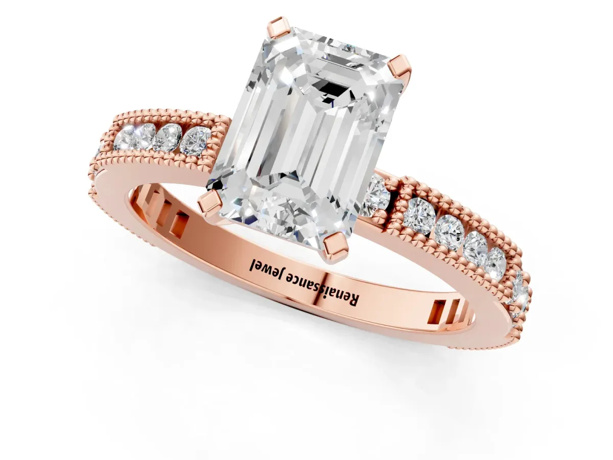 Emerald Cut Solitaire with Pavé Band and Four-Prong Setting Rose gold