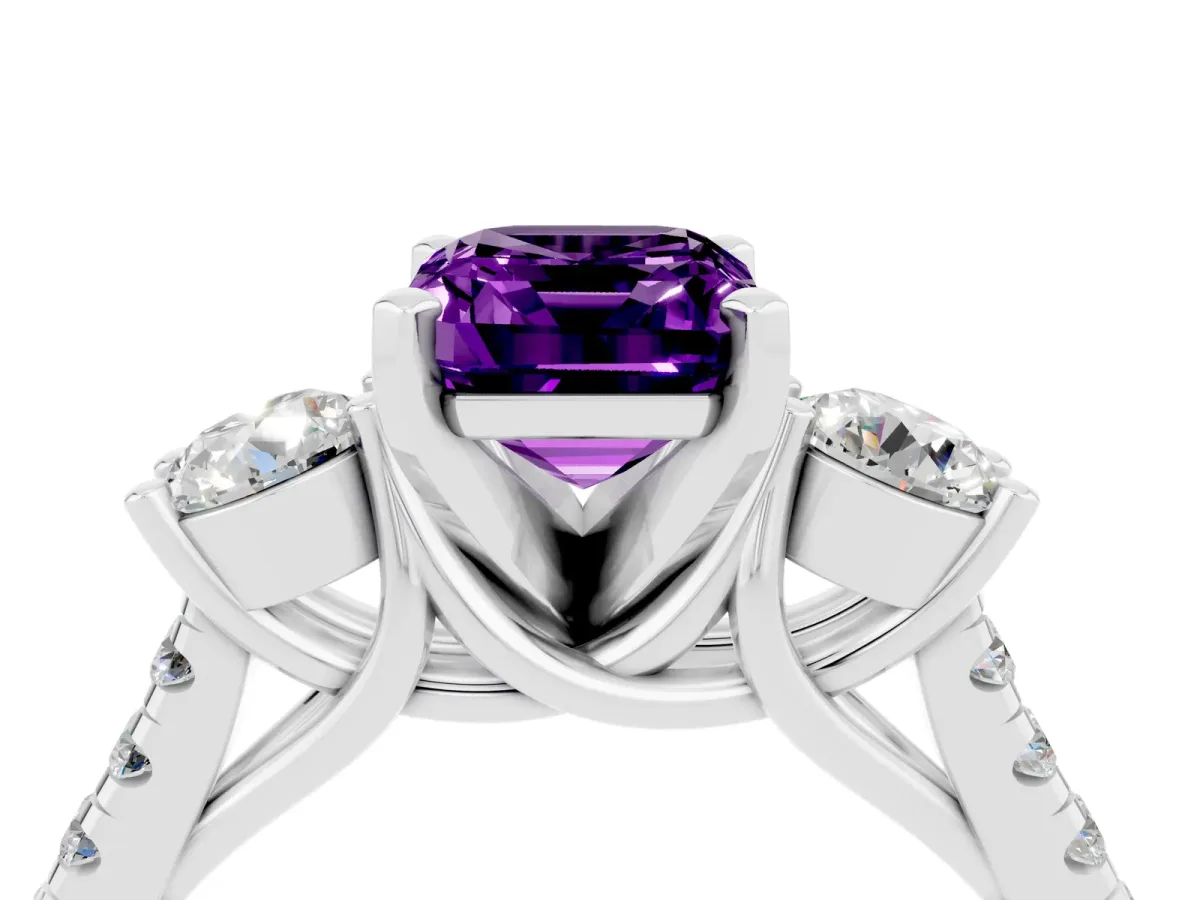 Three-Stone Emerald Cut Amethyst Pavé Band with Four-Prong Setting Silver
