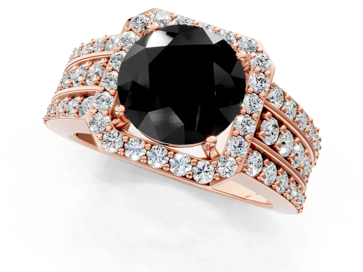 Fancy Black Round Cut Halo Diamond Ring with Round Split Shank and Prong Setting Rose gold