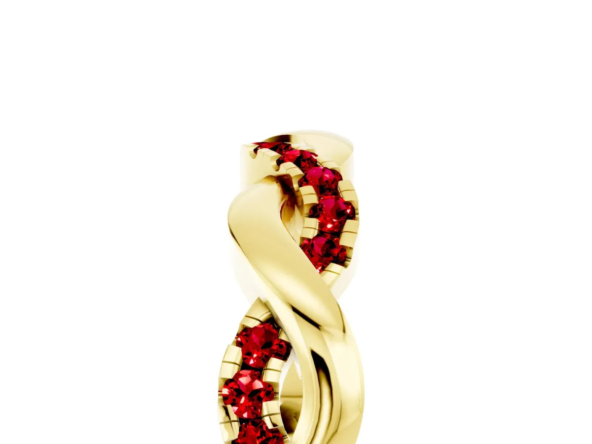 Pavé Round Ruby Twist Eternity Band with Shared Prong Setting Yellow gold