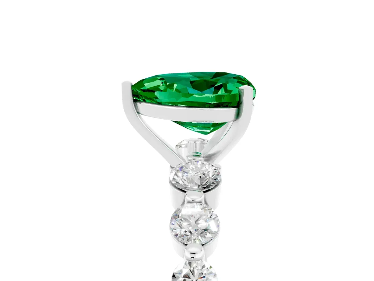 Heart Cut Solitaire Emerald Ring with Pave Band and Four-Prong Setting Silver