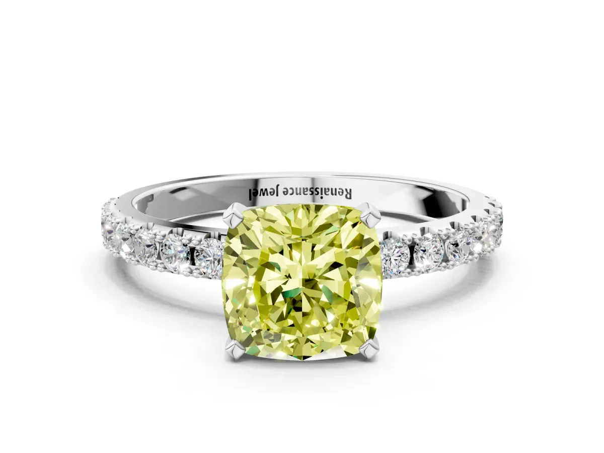 Fancy Yellow Cushion Cut Diamond Solitaire Pavé Band with Four-Prong Setting Silver