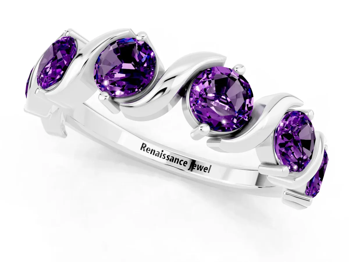 Six-Stone Round Amethyst Wave Band with Shared Prong Setting Silver