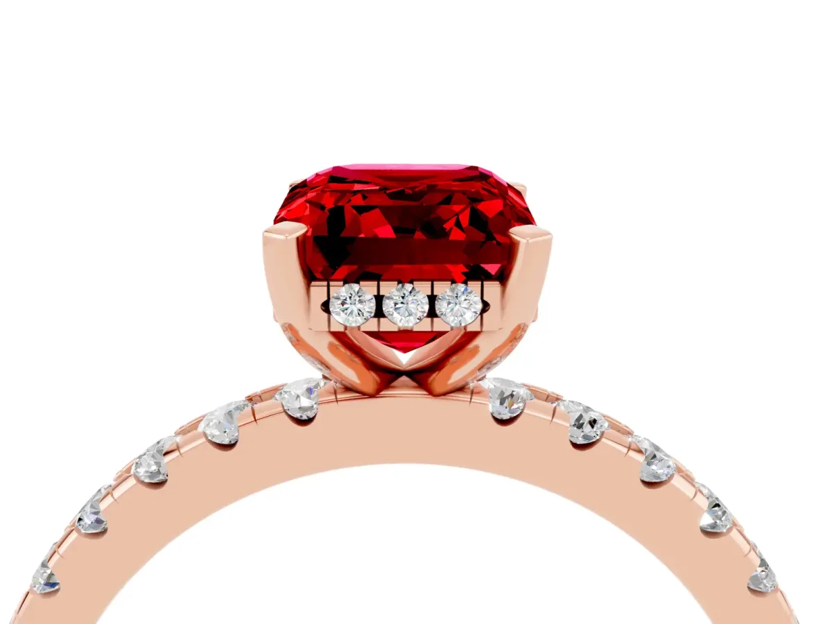 Emerald Cut Ruby Solitaire Ring with Round Pavé Band and Four-Prong Setting Rose gold