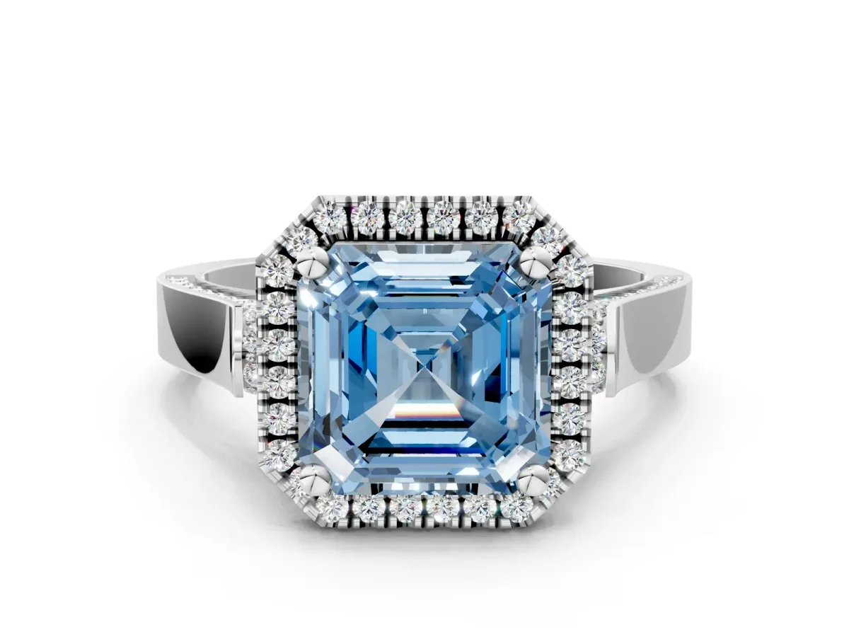 Fancy Blue Asscher Cut Halo Pave Split Shank Prong Setting Ring Platinum