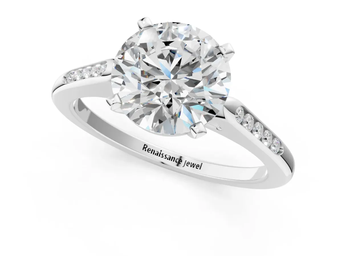 Round Cut Diamond Solitaire Ring with Channel Set Round Band and Prong Setting Silver