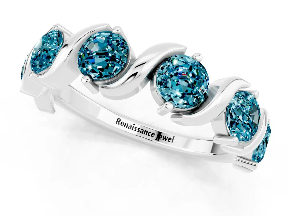 Six-Stone Round Blue Topaz Wave Band with Shared Prong Setting Silver