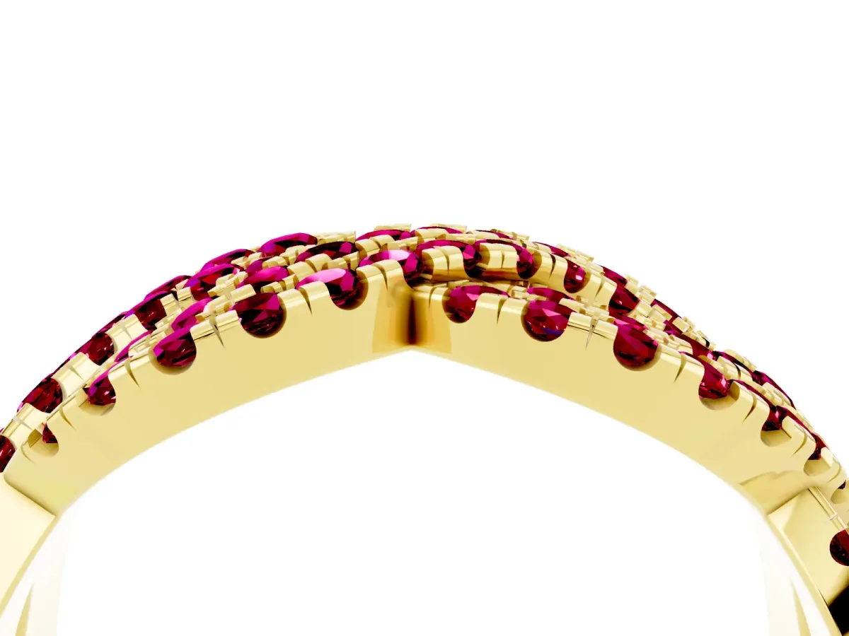 Pavé Round Garnet Infinity Twist Band with Shared Prong Setting Yellow gold