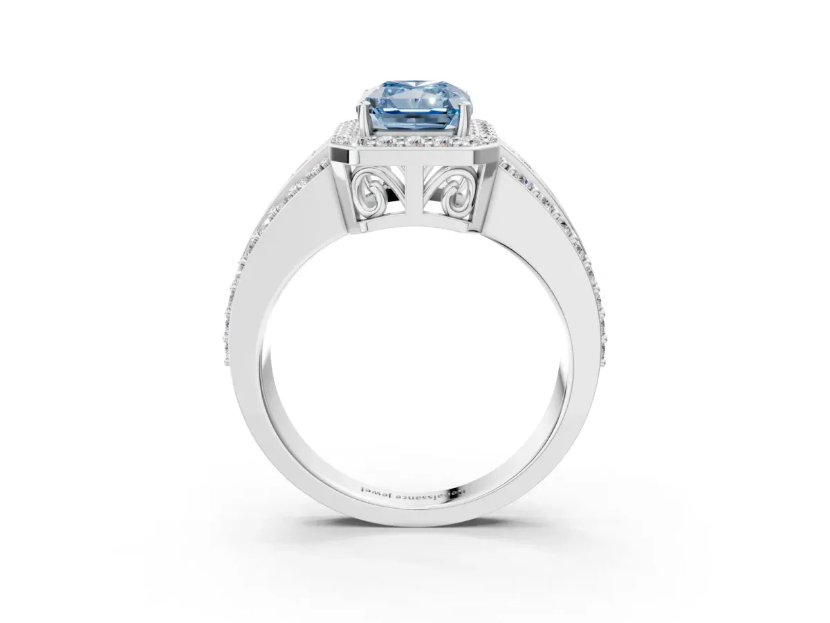 Fancy Blue Radiant Cut Halo Diamond Ring with Round Split Shank and Prong Setting Platinum