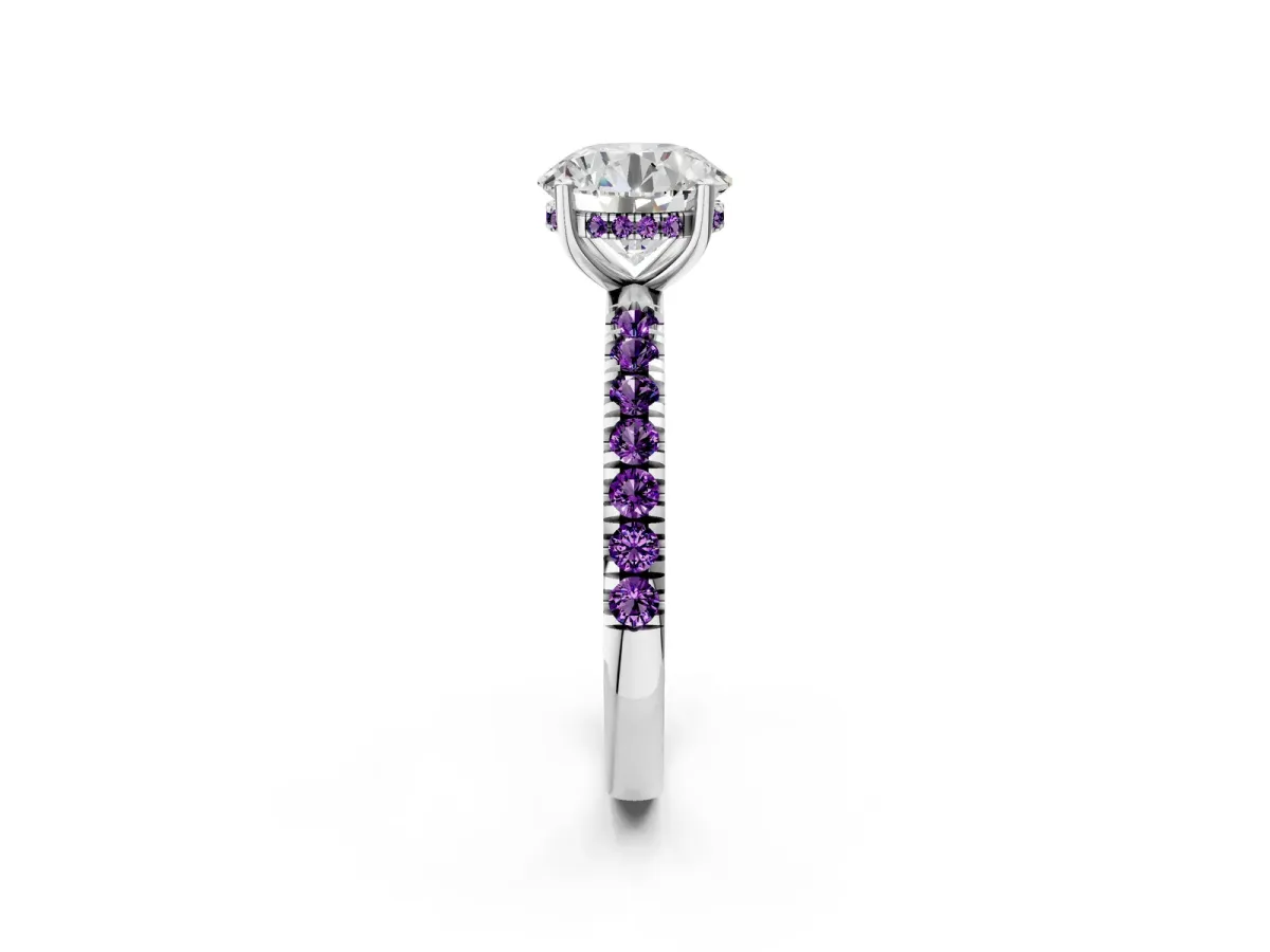 Round Cut Diamond Pave Band Solitaire Ring with Round Amethyst and Prong Setting Silver
