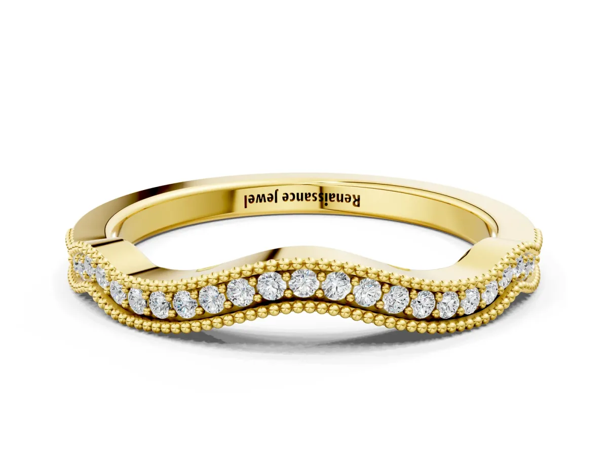 Pavé Round Diamond Curved Milgrain Band Yellow gold
