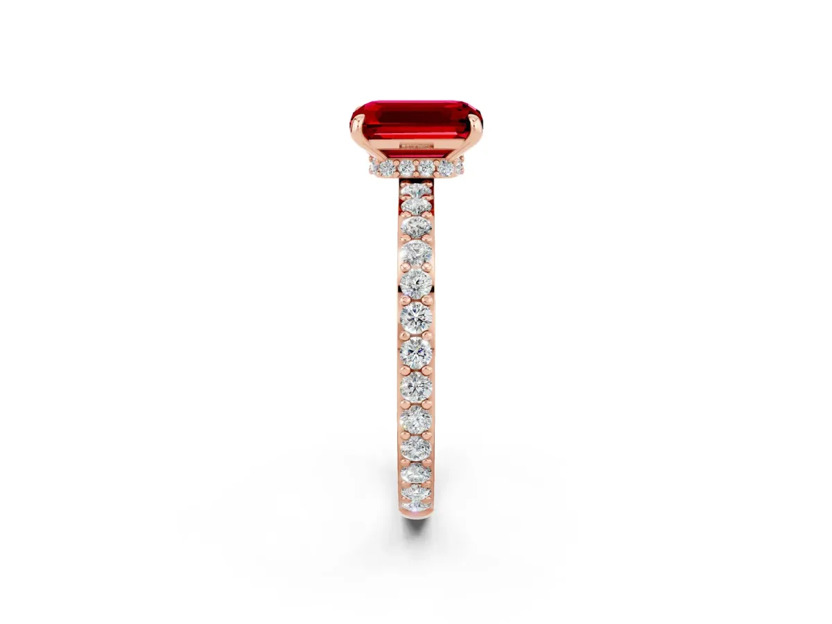 Emerald Cut Ruby Solitaire Engagement Ring with Pavé Band and Four-Prong Setting Rose gold