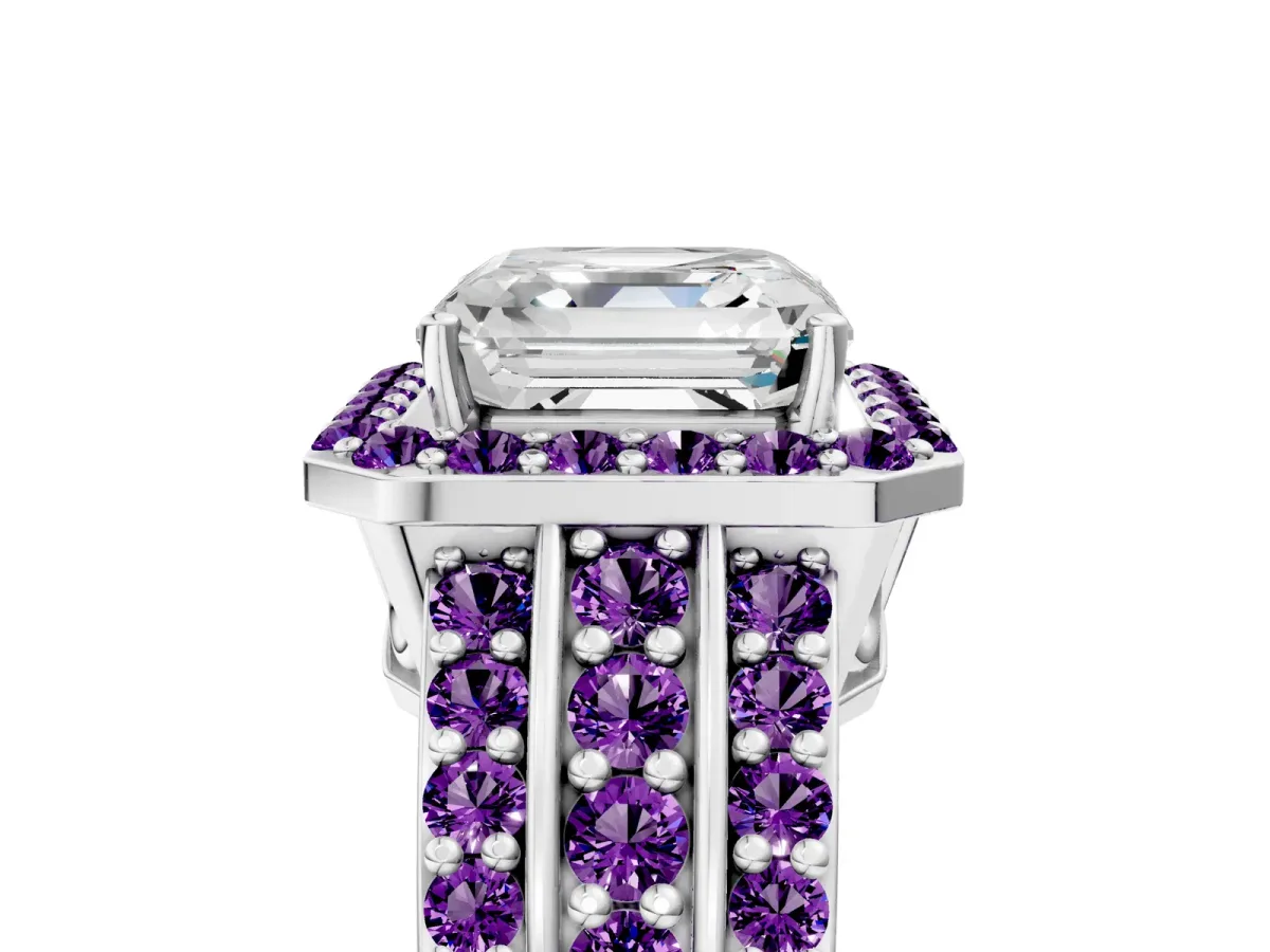 Asscher Cut Halo Diamond Ring with Round Amethyst Split Shank and Prong Setting Silver