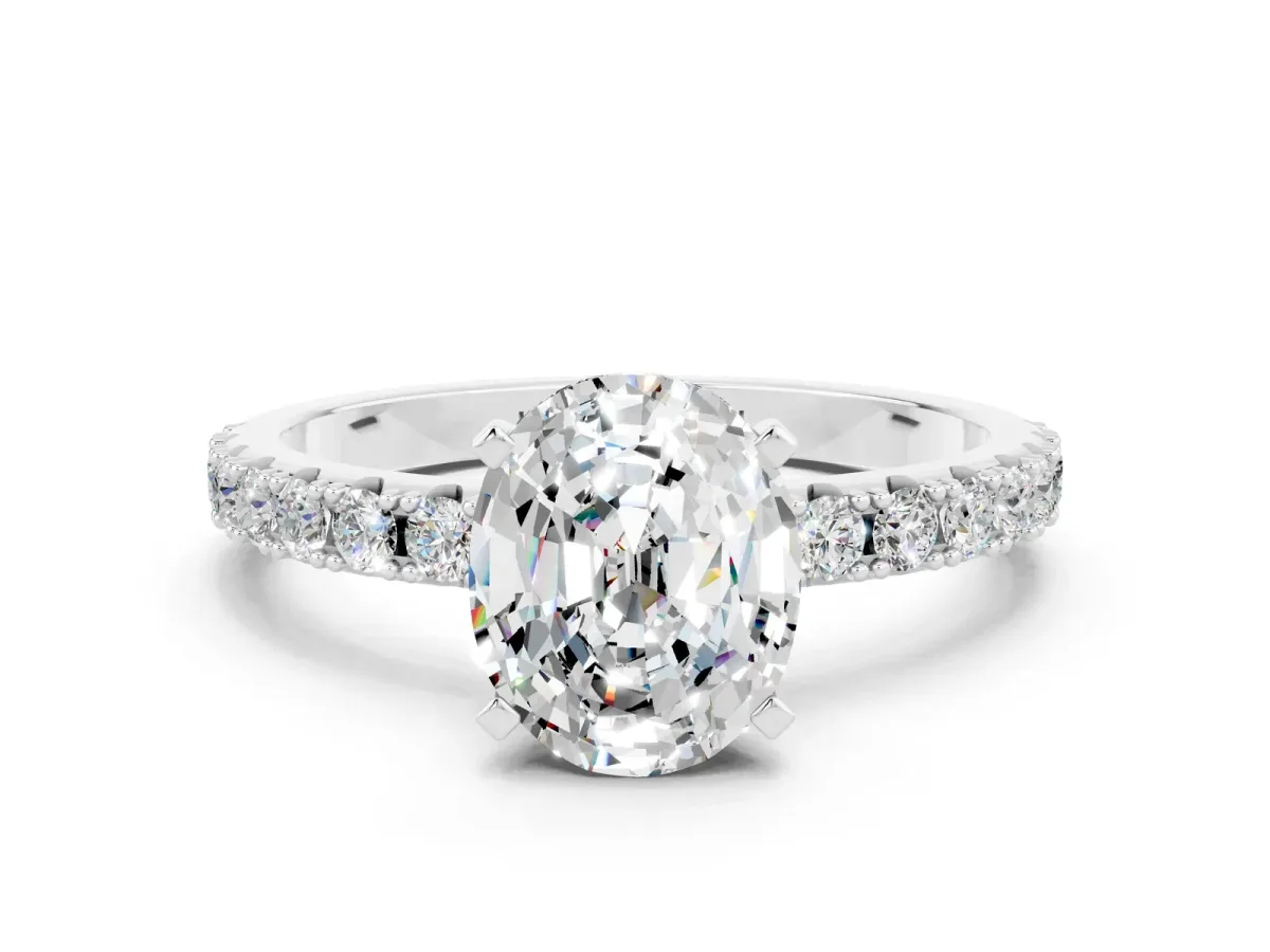 Oval Cut Moissanite Solitaire Pavé Band with Four-Prong Setting Silver