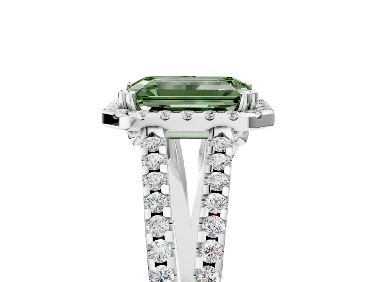 Fancy Green Emerald Cut Diamond Halo Split Shank Engagement Ring Platinum