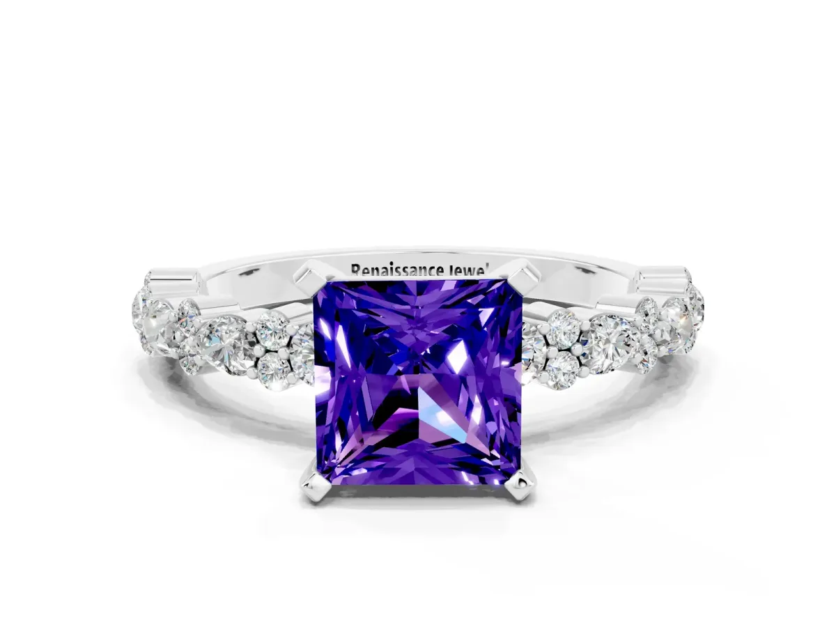 Princess Cut Tanzanite Side Stone Solitaire Ring with Round and Four-Prong Setting Platinum