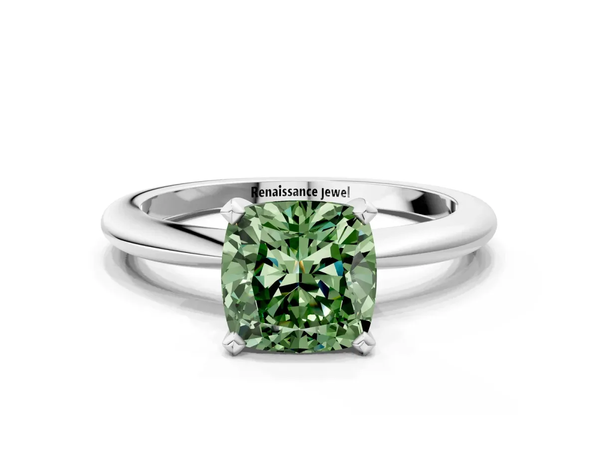 Fancy Green Cushion Cut Diamond Solitaire Ring with Six-Prong Setting and Classic Band Silver