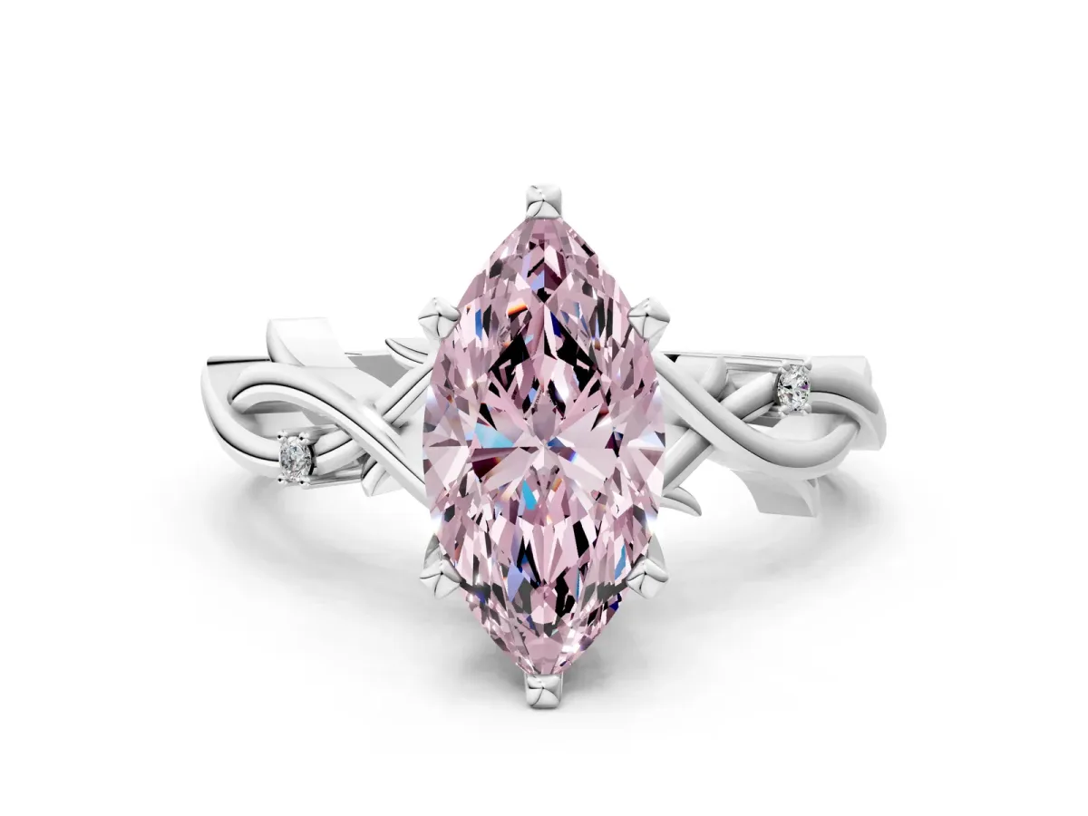 Fancy Pink Marquise Cut Diamond Solitaire Ring with Twisted Band and Prong Setting Silver