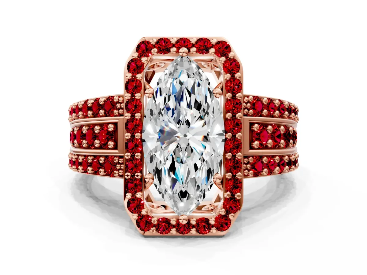 Marquise Cut Halo Diamond Ring with Round Ruby Split Shank and Prong Setting Rose gold
