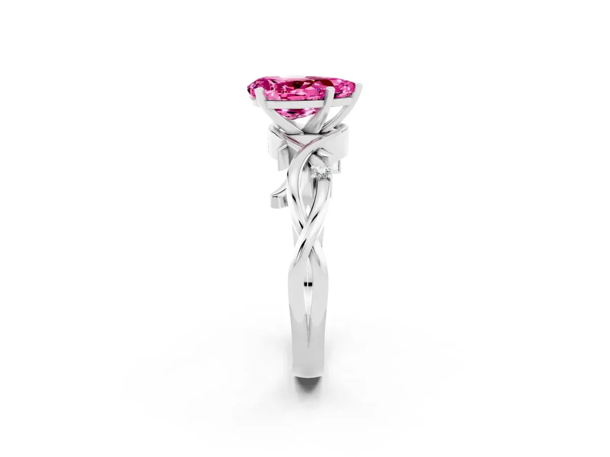 Pear Cut Pink Sapphire Solitaire Ring with Twisted Band and Prong Setting Platinum