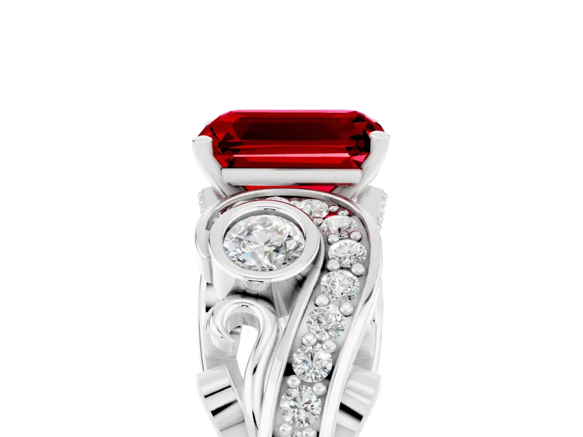 Emerald Cut Ruby Solitaire Ring with Milgrain Pavé Band and Four-Prong Setting Silver