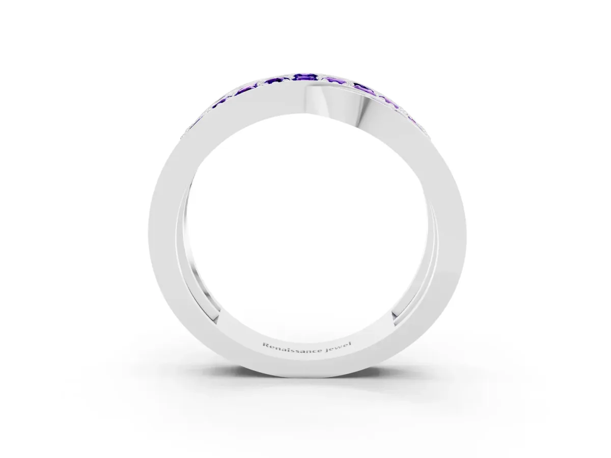 Pavé Round Tanzanite Crossover Band with Bead Prong Setting White gold
