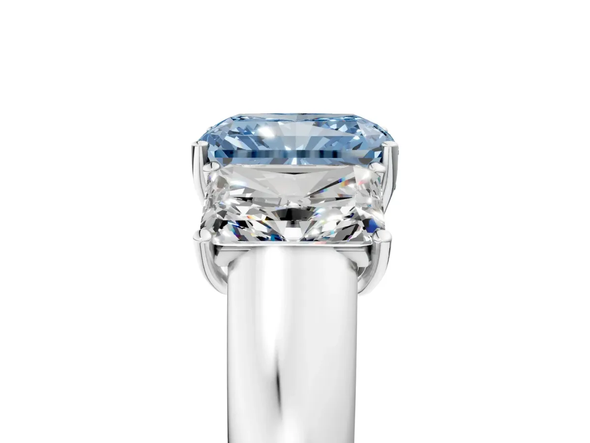 Fancy Blue Three-Stone Radiant Cut Cut Diamond Ring with Prong Setting and Classic Band Platinum