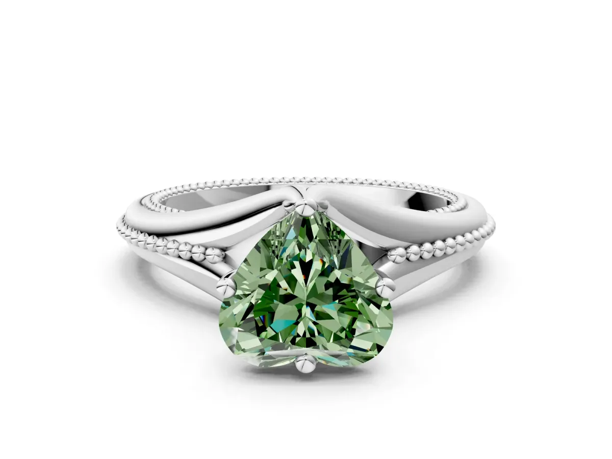 Fancy Green Heart Cut Solitaire Beaded Band Six-Prong Setting Platinum