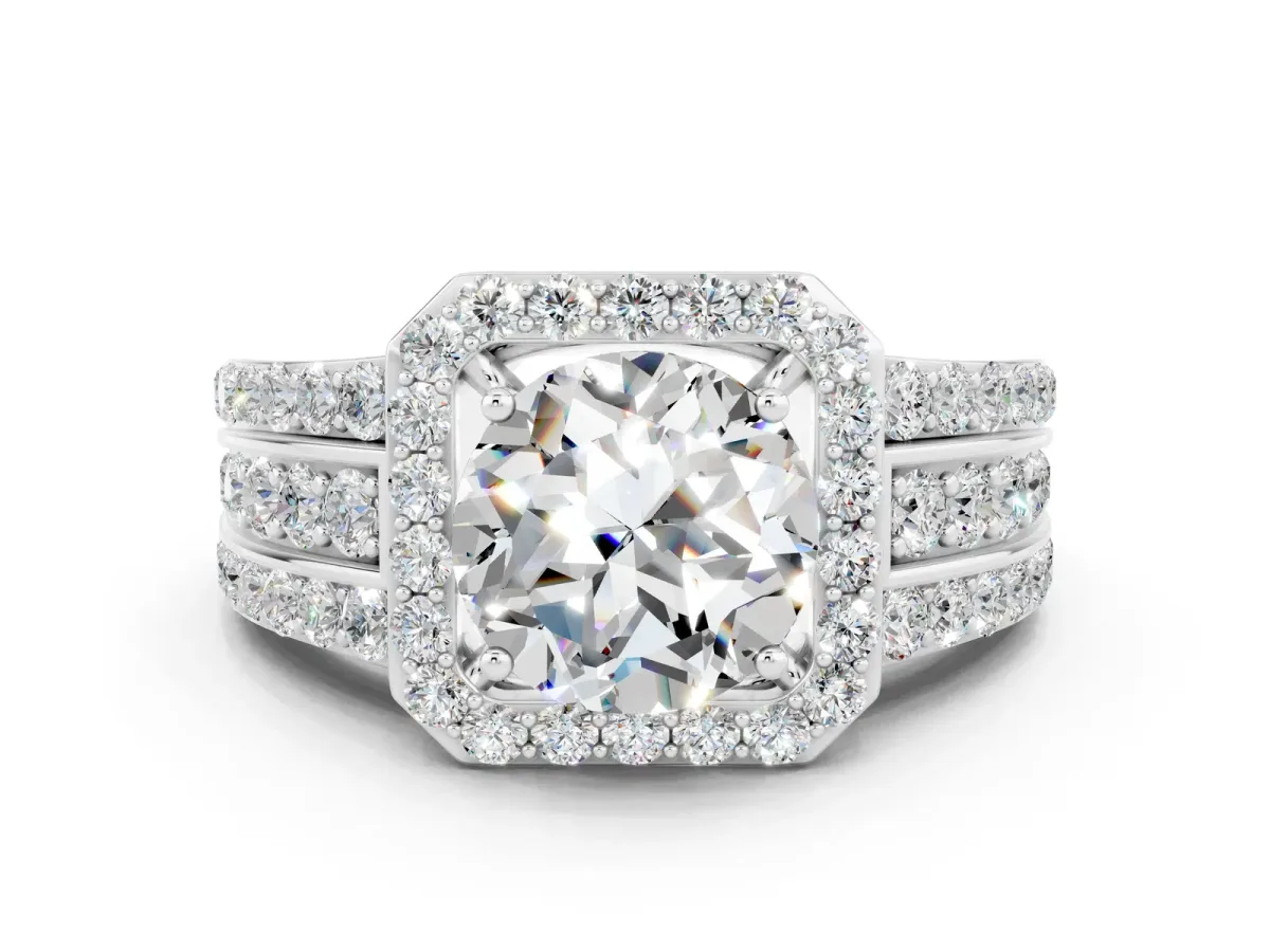 Round Cut Halo Moissanite Ring with Round Split Shank and Prong Setting Silver