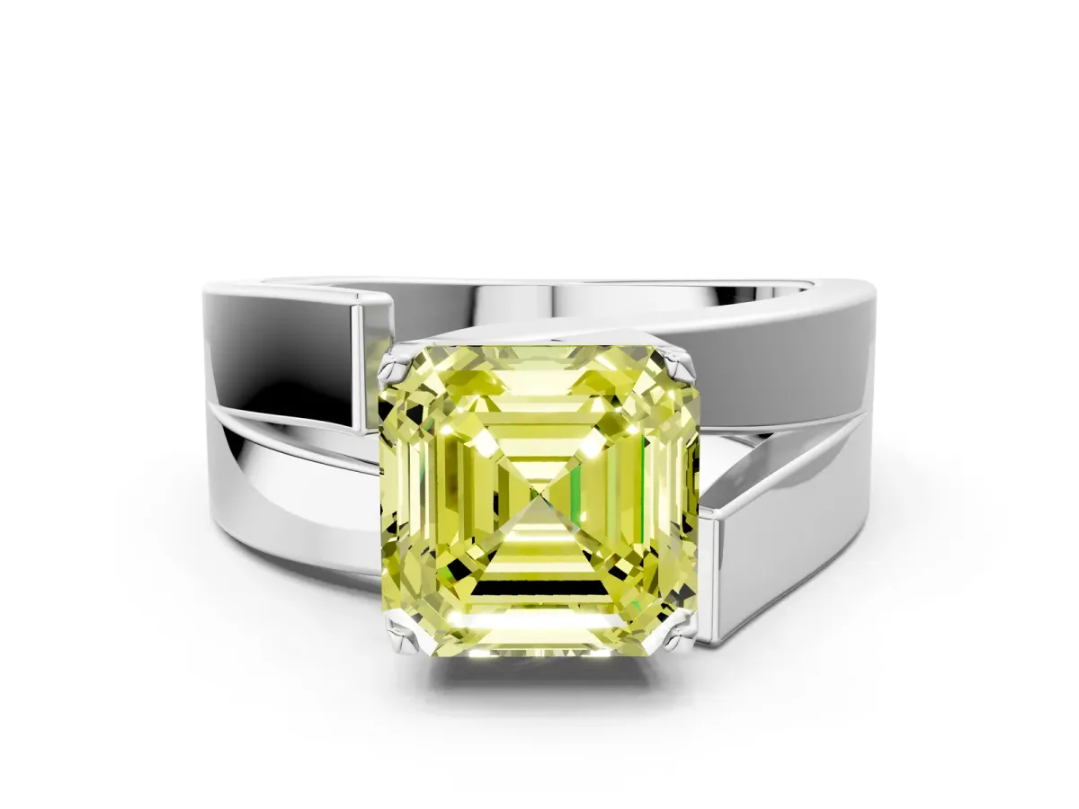 Fancy Yellow Modern Tension Set Asscher Cut Diamond Solitaire Wide Band Ring Silver