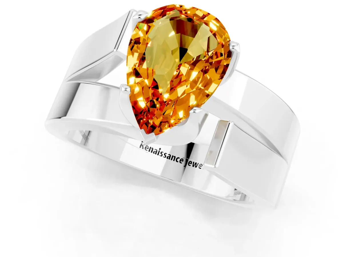 Modern Tension Set Pear Cut Citrine Solitaire Wide Band Ring Silver