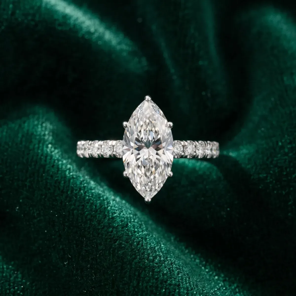 Marquise Cut Diamond Pave Band Solitaire Ring with Round and Prong Setting Silver