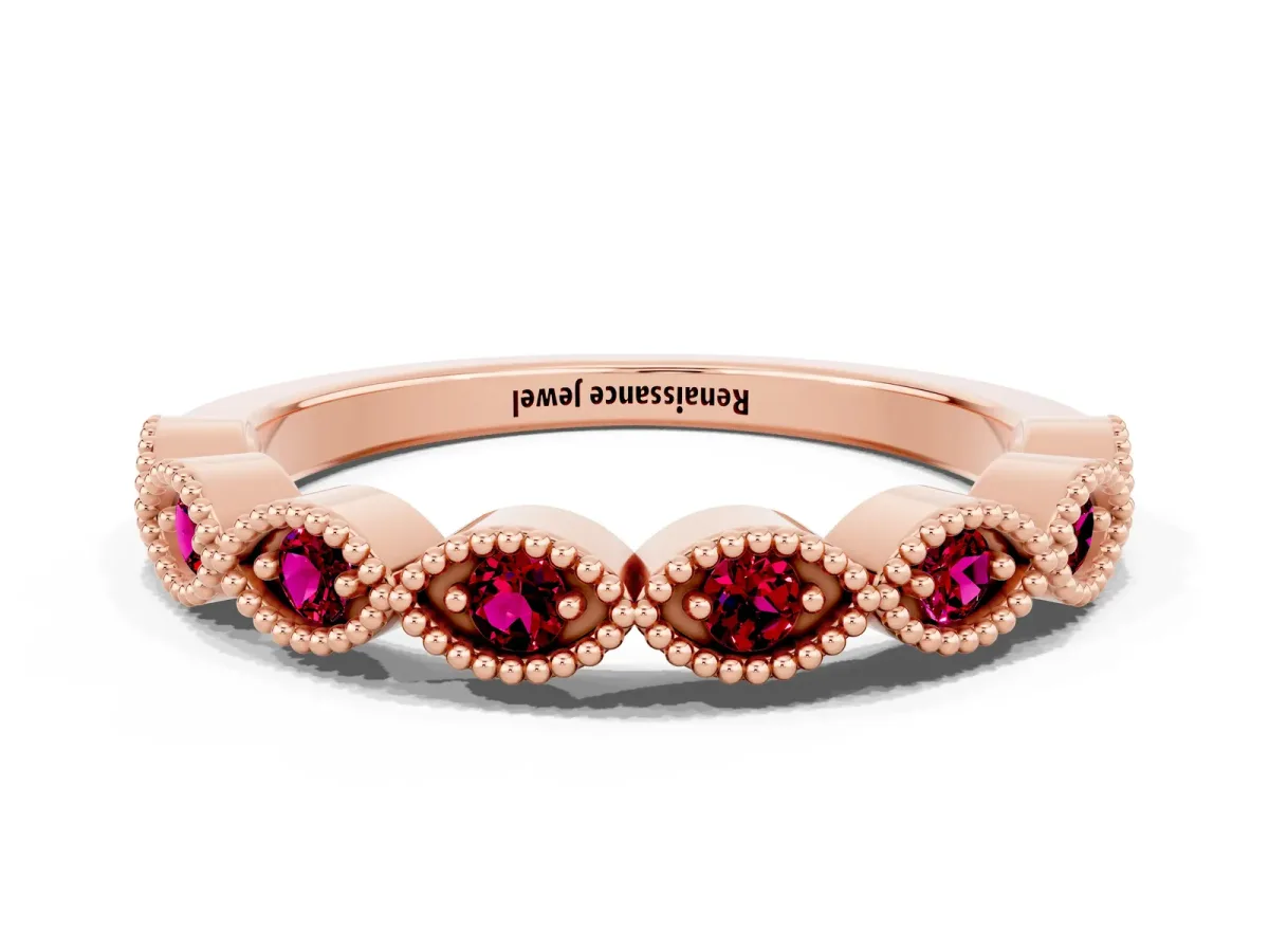 Milgrain Marquise Garnet Half Eternity Band with Bezel Setting Rose gold