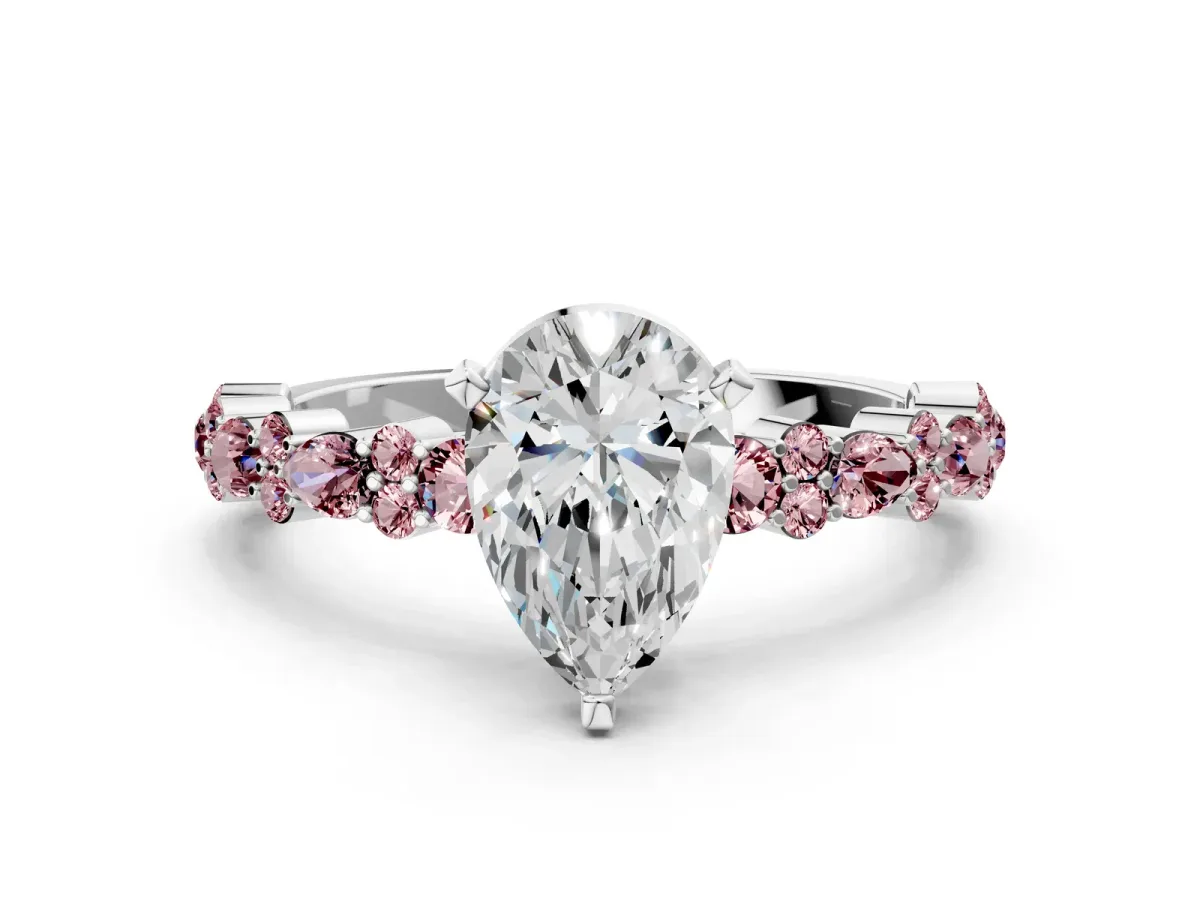 Pear Cut Diamond Side Stone Solitaire Ring with Round Morganite and Four-Prong Setting White gold