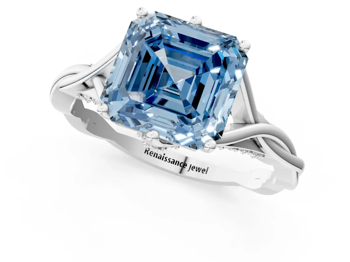 Fancy Blue Asscher Cut Solitaire Twist Band Six-Prong Setting Platinum
