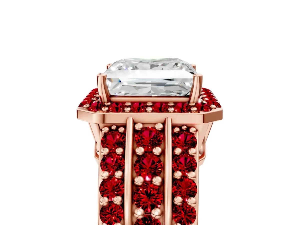 Princess Cut Halo Diamond Ring with Round Ruby Split Shank and Prong Setting Rose gold