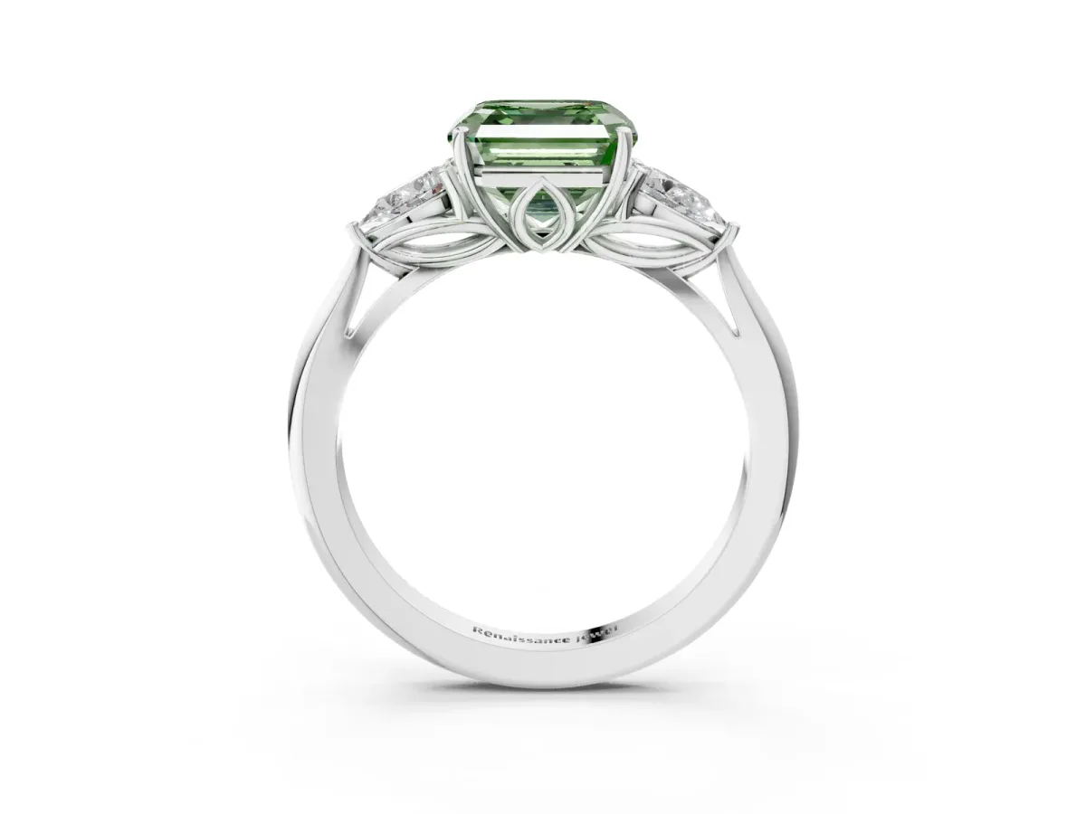 Fancy Green Three-Stone Asscher Cut Diamond Ring with Pear Side Stones in Four-Prong Setting Silver