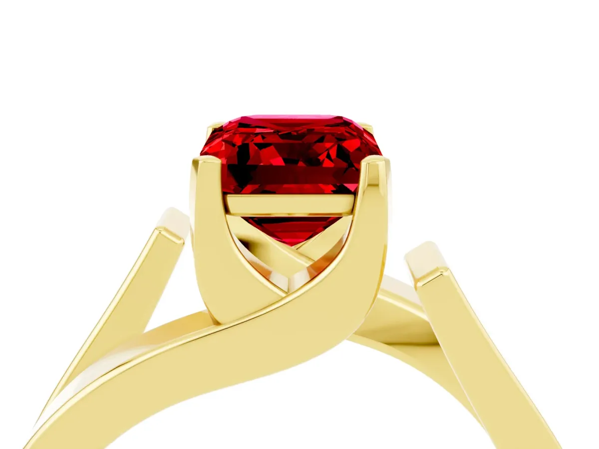 Modern Tension Set Emerald Cut Ruby Solitaire Wide Band Ring Yellow gold
