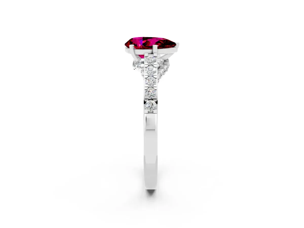 Pear Cut Garnet Solitaire Ring with Crossover Gallery and Round Pavé Band Silver