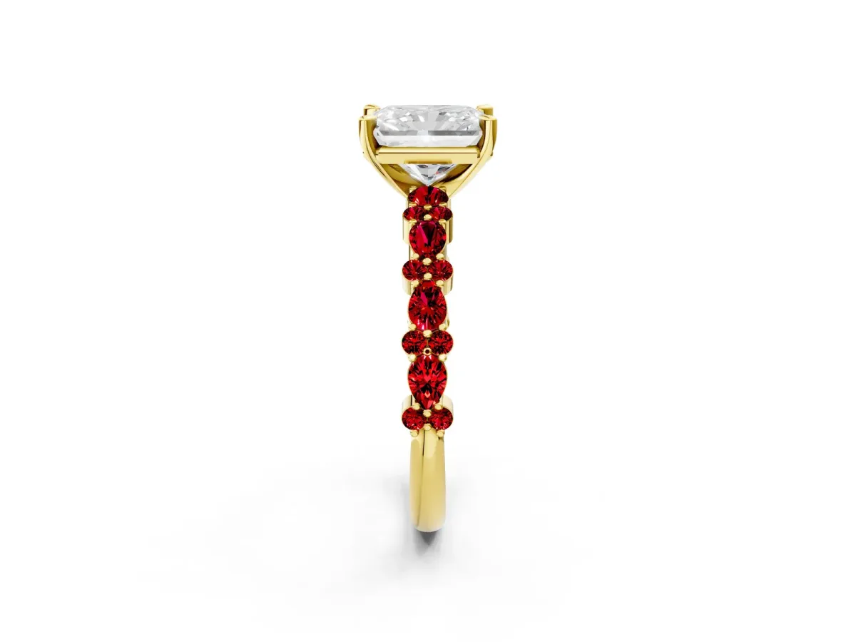 Radiant Cut Diamond Side Stone Solitaire Ring with Round Ruby and Four-Prong Setting Yellow gold
