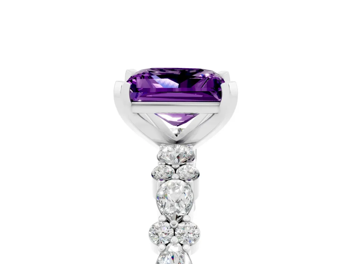 Princess Cut Amethyst Side Stone Solitaire Ring with Round and Four-Prong Setting Silver