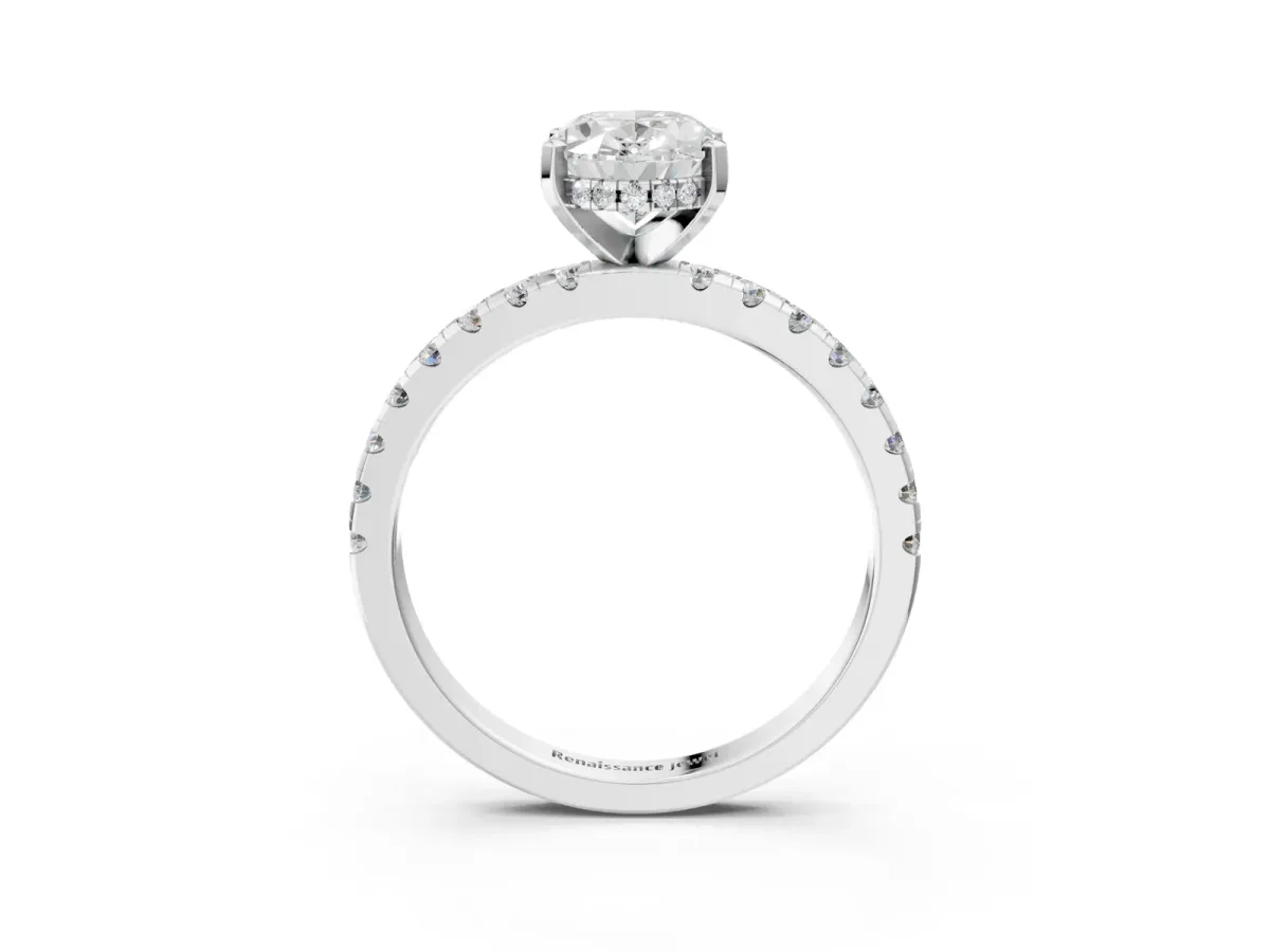Oval Cut Diamond Solitaire Ring with Round Pavé Band and Four-Prong Setting Platinum