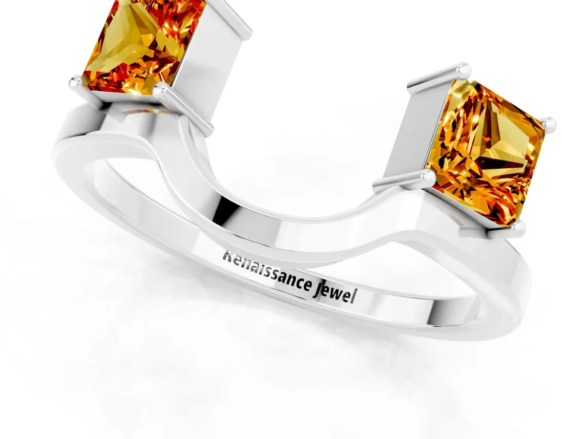 Princess Cut Citrine Two-Stone Open Band Ring with Four-Prong Setting Platinum