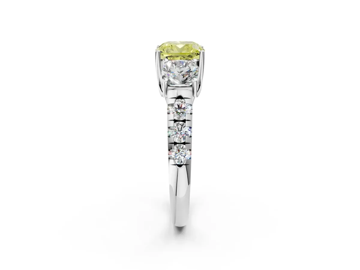 Fancy Yellow Three-Stone Cushion Cut Diamond Pavé Band with Prong Setting Platinum