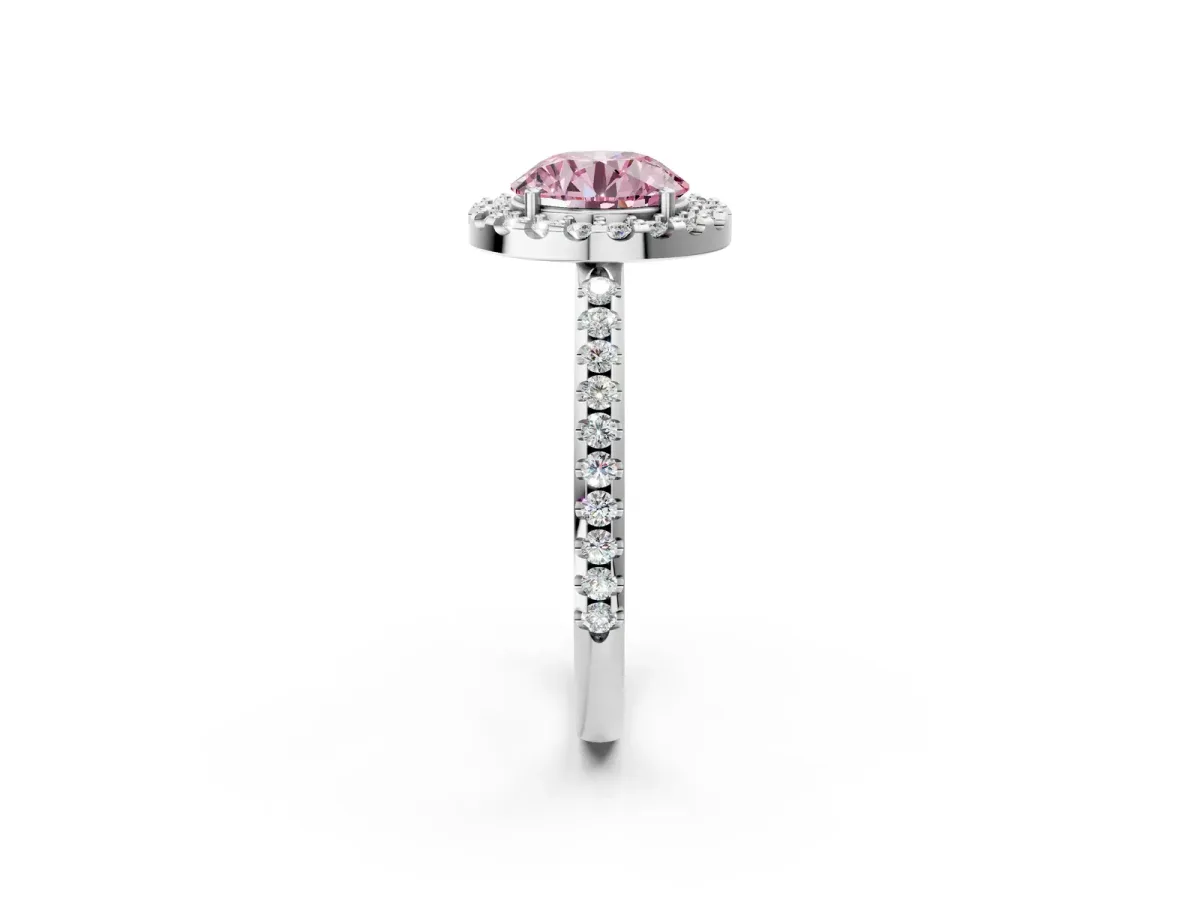 Fancy Pink Round Cut Diamond Pavé Halo Ring with Four-Prong Setting Platinum