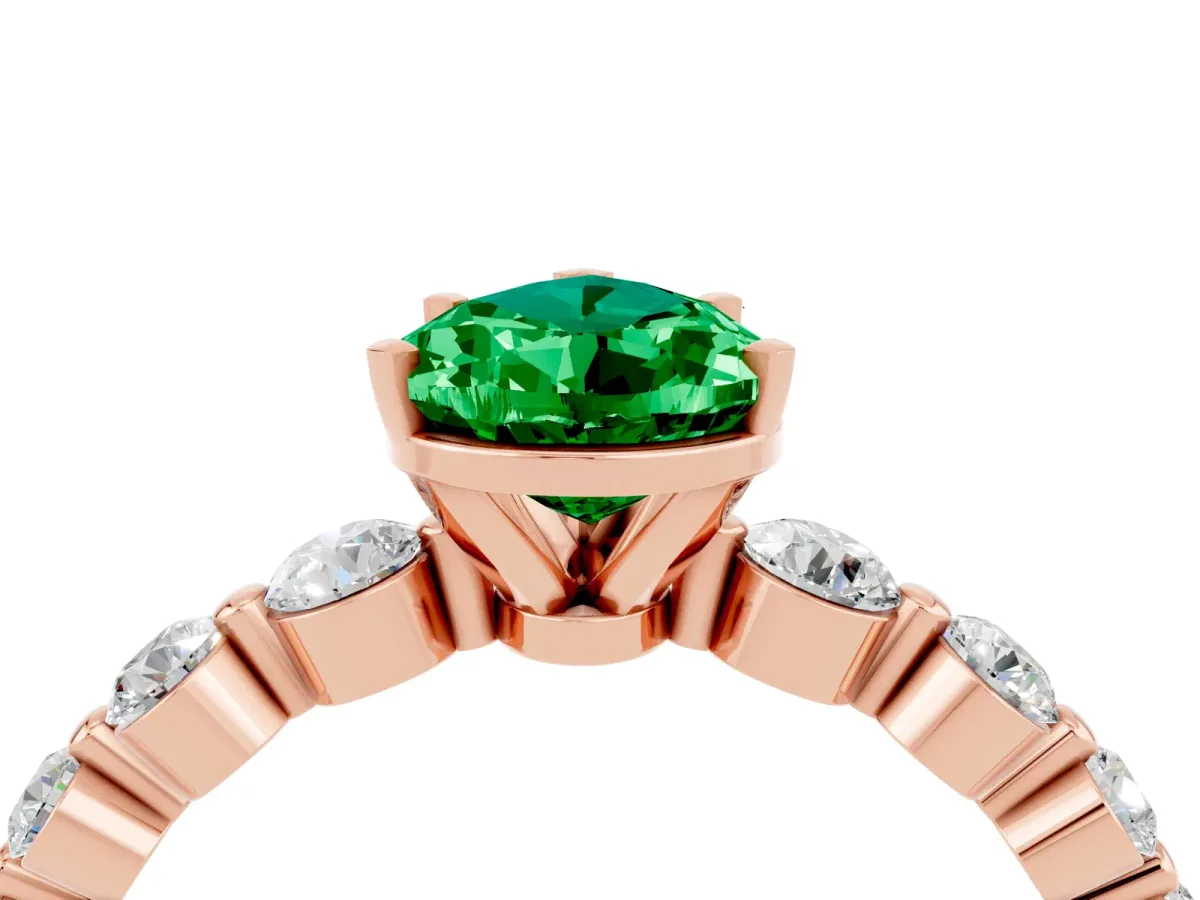 Pear Cut Solitaire Emerald Ring with Pave Band and Four-Prong Setting Rose gold