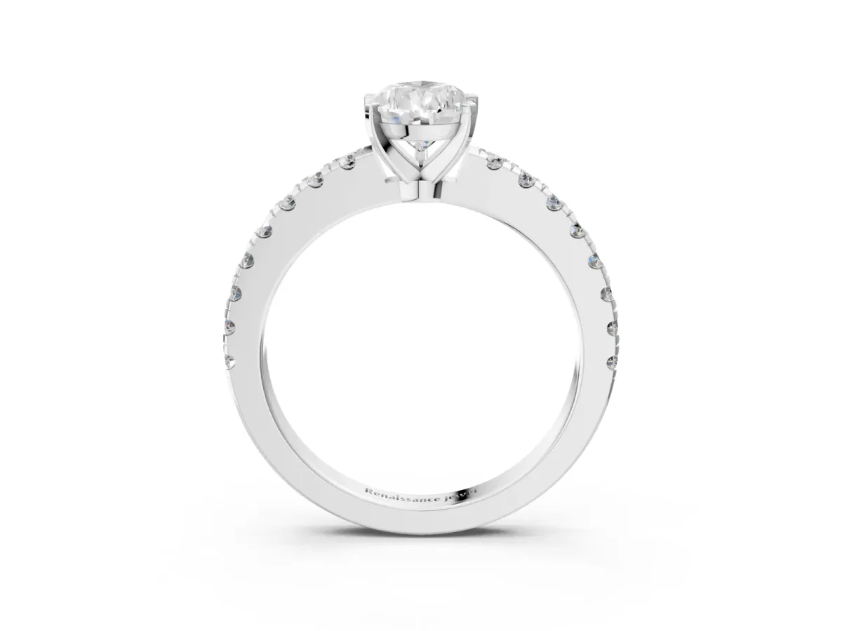 Pear Cut Solitaire Diamond with Pavé Band and Four-Prong Setting Silver