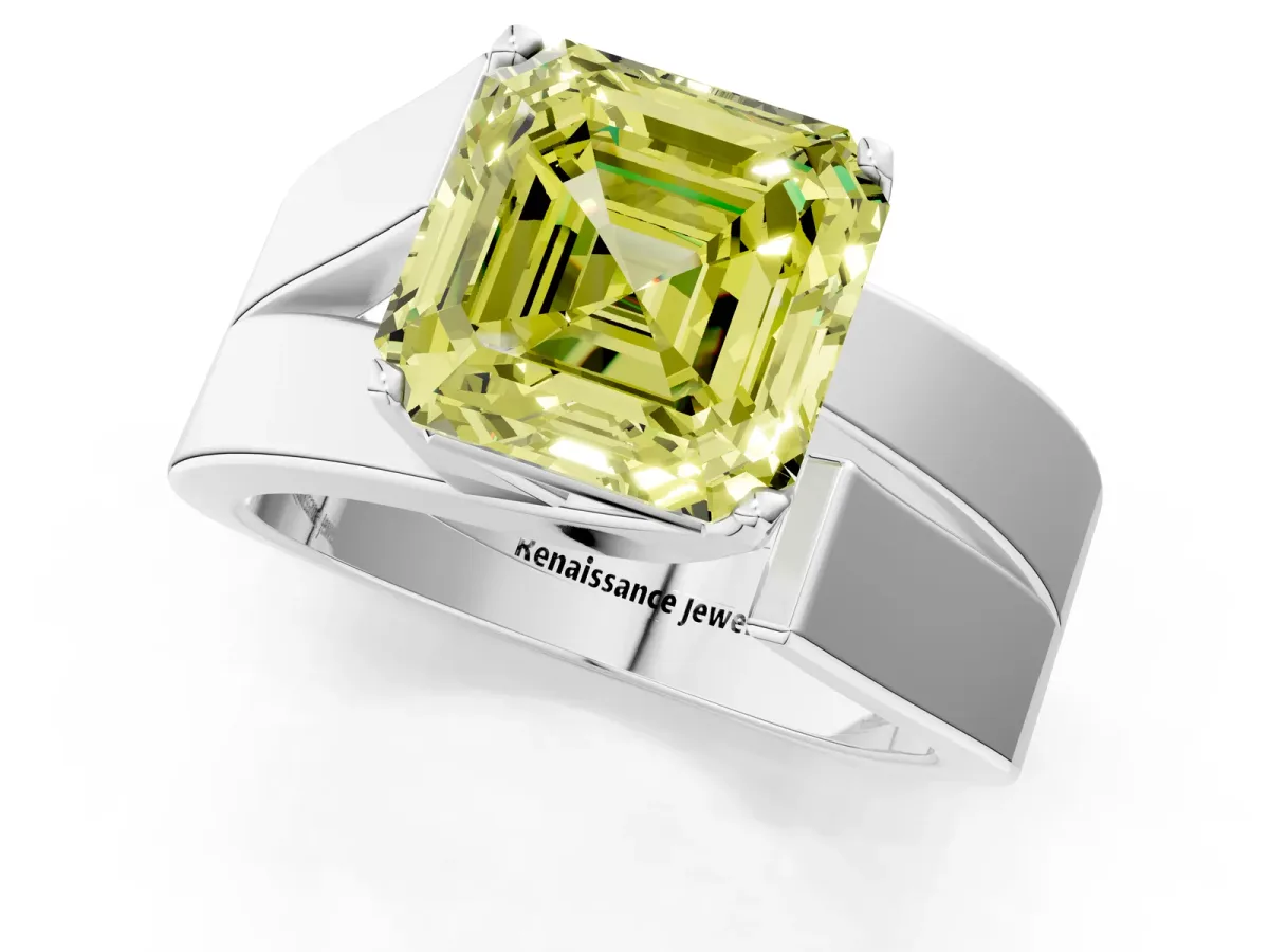 Fancy Yellow Modern Tension Set Asscher Cut Diamond Solitaire Wide Band Ring Silver